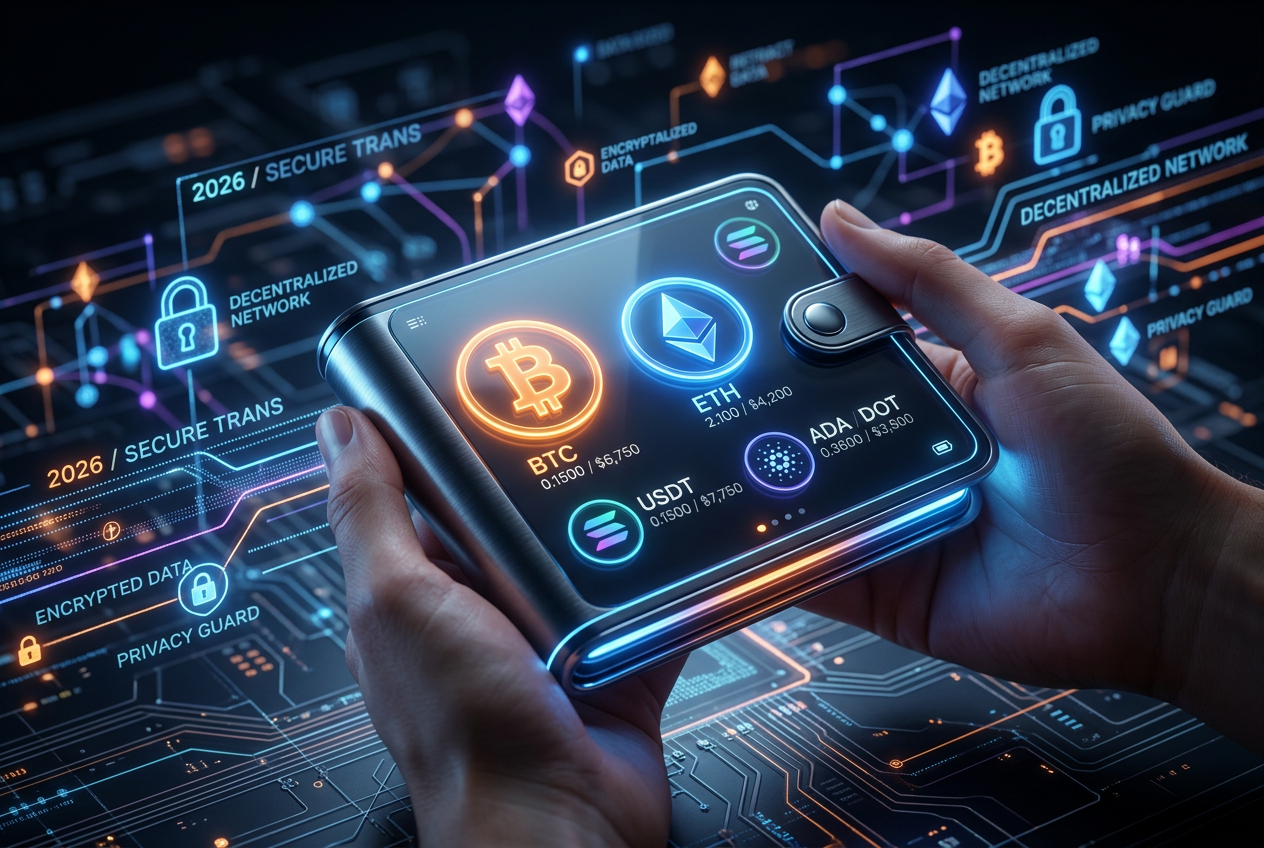 Futuristické zobrazení digitální peněženky a kryptoměn pro anonymní platby