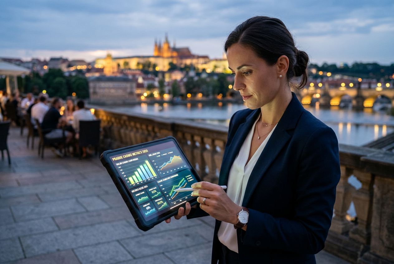 Profesionální finanční analytik s tabletem analyzující metriky online kasin v Praze