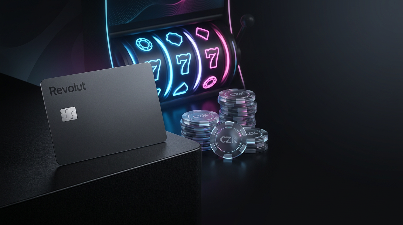 Digitální ilustrace Revolut karty a kasinových prvků v moderním fintech stylu