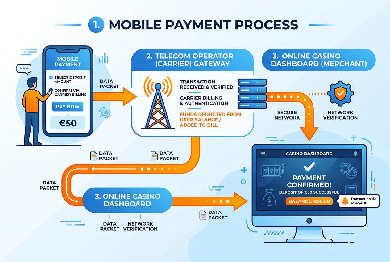 Infografika znázorňující proces m-platby přes GoPay od smartphonu k online casinu