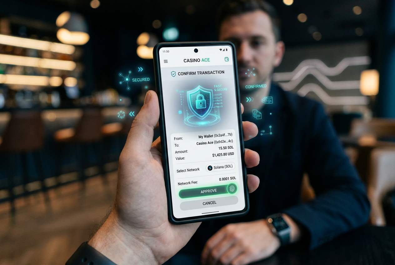 Zabezpečená transakce kryptoměny na mobilním telefonu v prostředí online casina